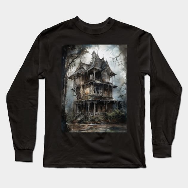 Gothic Futurism House in the Old Ancient Woods Long Sleeve T-Shirt by podartist